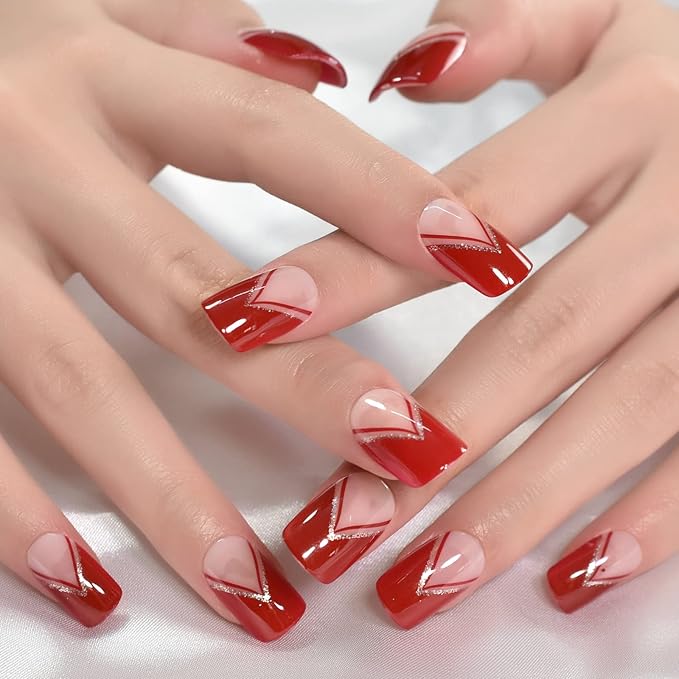 Red Gold Glitter V-Shape Press On Nails Medium Square Acrylic Full Cover Salon DIY False Nails 24 pcs/kit