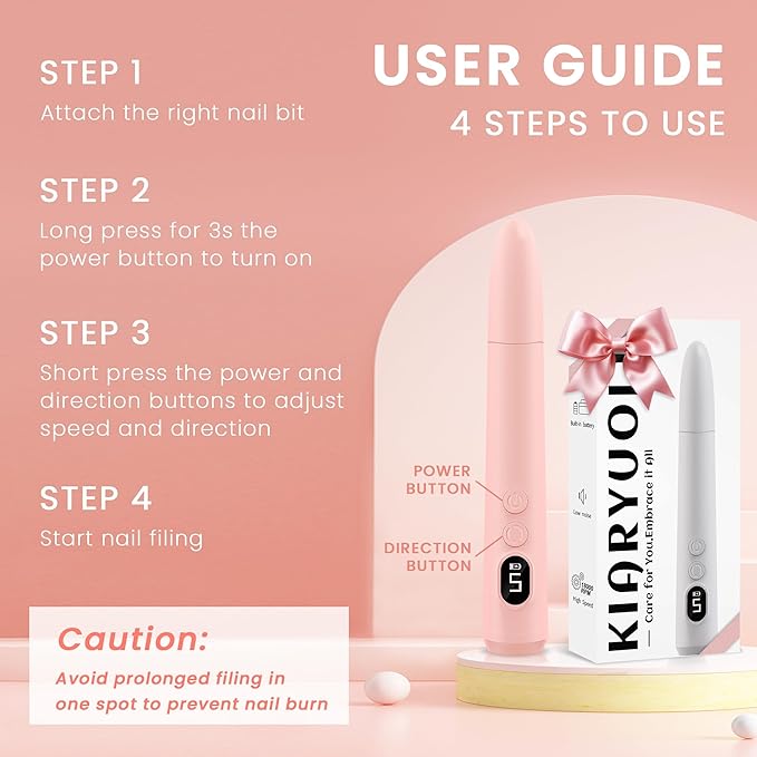 Cordless Electric Nail Drill Kit, Portable Rechargeable Nail Drill Set, Battery Electric Nail File, 5 Speeds Modes, LED Lighting, Reversible Direction, DIY, Professional (Pink)