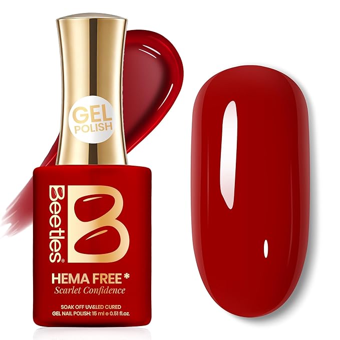 Beetles Red Gel Polish - Scarlet Confidence 15ML/0.51Fl Oz, Hema Free Red Gel Nail Polish, Same Color Same Bottle, Soak Off UV LED Lamp Nail Art, Long-Lasting Manicure Salon DIY Home