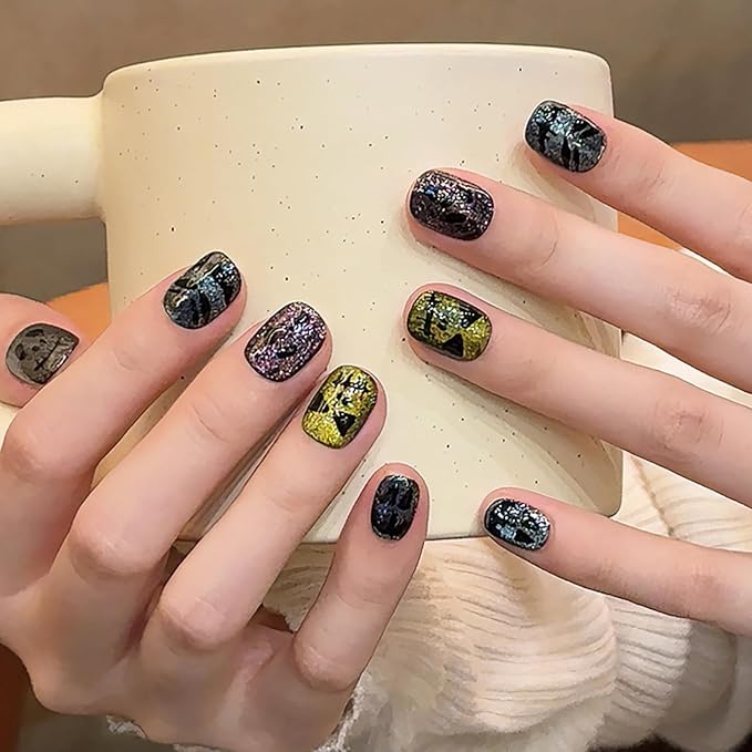 Halloween Press on Nails Short Square Handmade Nails 3D Unique Reusable ABS Material Fake Nails Cute False Nails with Designs Glitter Sparkly Glossy Glue on Nail Thick Acrylic Nail(S)