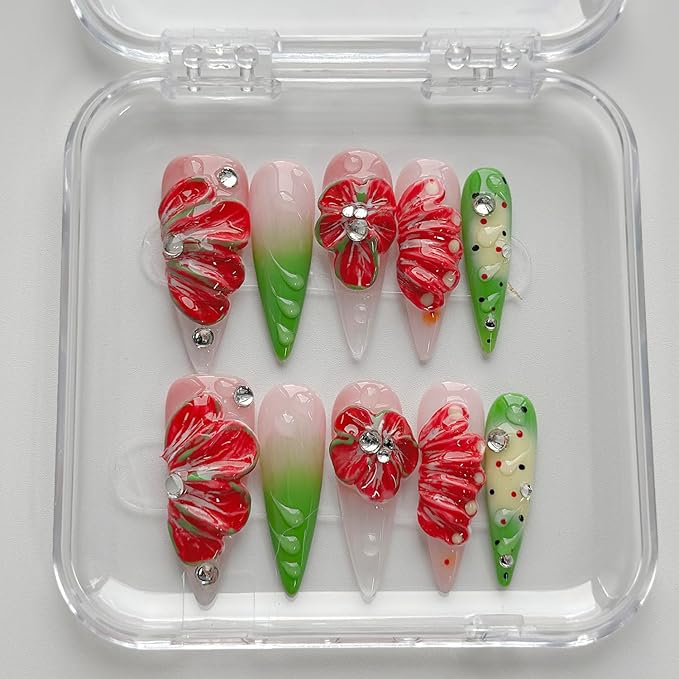 Luxury Press on Nails Long Stiletto Handmade 3D Unique Reusable ABS Material Fake Nails False Nails with Designs Red Floral Rhinestones Glossy Glue on Nail Thick Acrylic Nail(S)