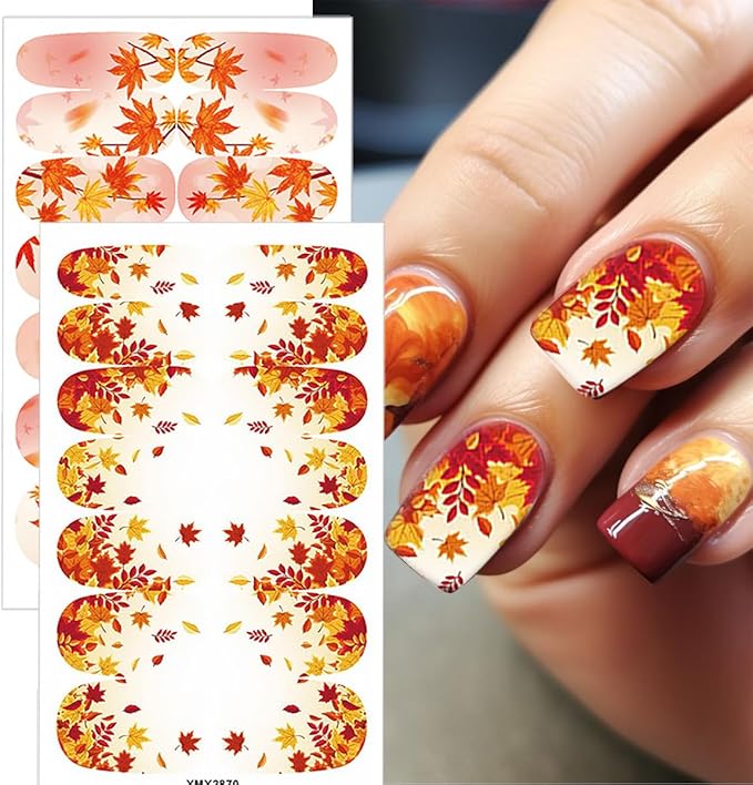 6 Sheets Fall Gel Nail Stickers Self-Adhesive Fall Gel Nail 3D Maple Leaf Fall Nail Wraps Stickers Strips Thanksgiving Maple Leaves Nail Polish Stickers for Women Autumn Nail Design DIY Kit