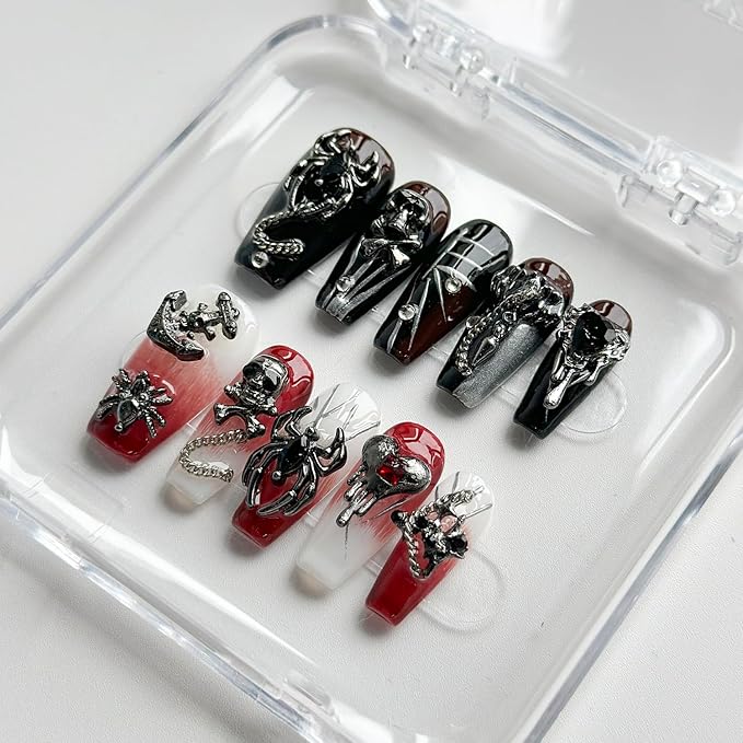 Luxury Halloween Press on Nails Medium Coffin Handmade 3D Unique Reusable ABS Material Fake Nails Gothic False Nails with Designs Spider Skull Charms Glossy Glue on Nail Thick Acrylic Nail(M)