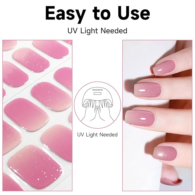 Semi Cured Gel Nail Strips (Pink), 28 pcs Gel Nail Stickers, Work with Any UV Lights, Long-Lasting NailWraps for Women, Salon-Quality, Easy to Apply & Remove