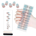 WOKOTO 1 Sheet Semi Cured Gel Nail Strips With Wood Stick & Nail File, 20 Tips Shimmery Ice Blue Ombre Semi Cured Nail Polish Strips Stickers, Harden With UV Light Gel Nail Stickers