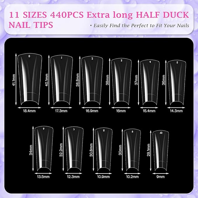 outopen 440pcs Extra Long Duck Nail Tips XXL Feet Clear Flare Nail Tips for French False Nail Extension Y2K Vibe Half Cover Duck Tips for Polygel Acrylic Extension Beginners DIY Manicure,11 Sizes