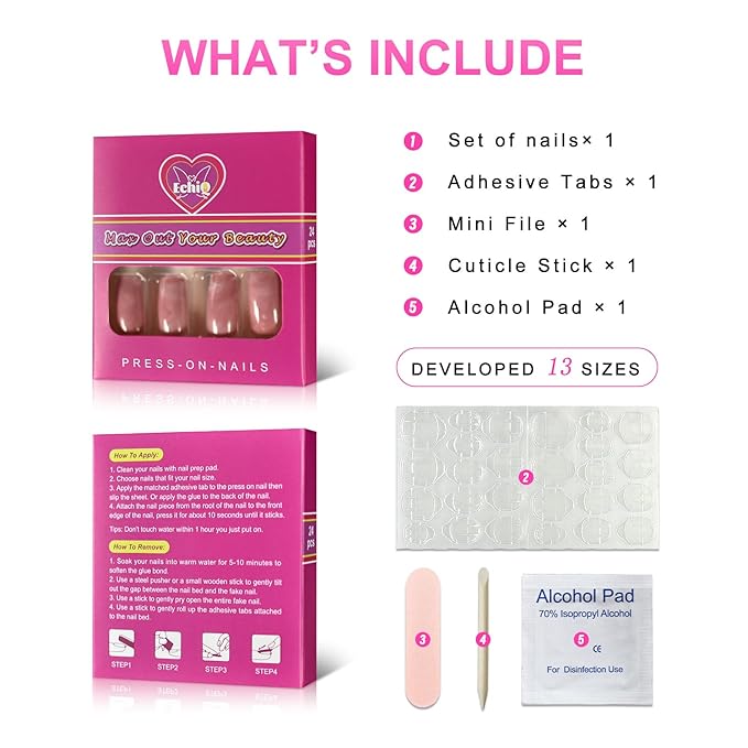 Shiny Pink Marble Artificial Nails Square Medium Size Fake Pre-designed Nail Art Kit for Women Wear Tool Z836