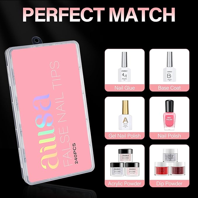AILLSA Short Square Nail Tips 15 Sizes 240pcs Full Cover Gel Tips Double Matte No Need Base Coat Fake Soft Nail Tips for Press On Nail Extension