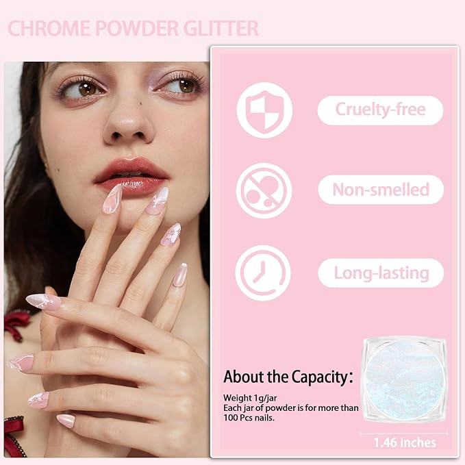 Allstarry White Pearl Chrome Nail Powder, 2 Colors Aurora Powder Metallic Mirror Effect Glitter Pearlescent Ice Transparent Mermaid Pigment Dust for Gel Polish Nail Art- White Pearl Peacock