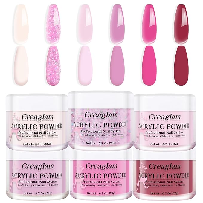 Professional Acrylic Nail Powder Kit - 6 Colors for French Extensions & 3D Nail Art, No Lamp Needed, Non-Yellowing, Bubble Free, Long Lasting Salon Quality Powder