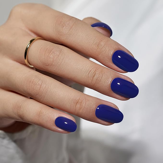 BTArtbox Press On Nails Short - Navy Blue Press On Nails, Short Oval Fake Nails with Nail Glue, Natural Soft Gel Nail Kit, Natural Reusable Glue On Nails in 16 Sizes, Mystic