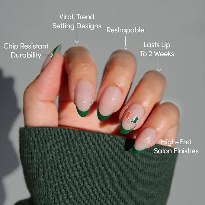 Glamnetic x Fanatics Press On Nails - Miami Hurricanes | Short Almond Fake Nails, Collegiate Hurricanes Green French Tips, College Nails, Salon-Quality | 15 Sizes - 30 Nail Kit with Glue