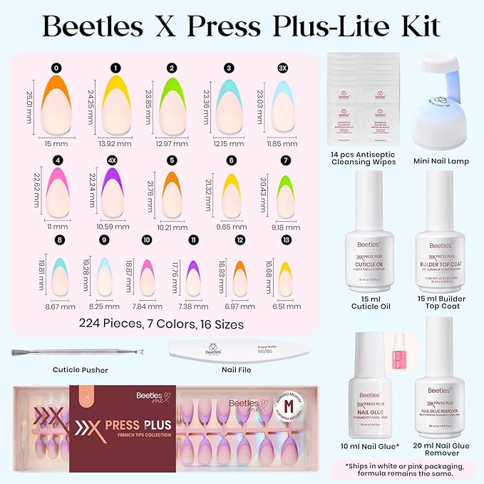 Beetles X Press Summer Nails Kit: Medium Almond French Tip Press On Nails Kit With 7 Colors 224Pcs Rainbow Nail Tips Nail Glue & Builder Top Coat Mini UV Light, All-in-One DIY Gift For Women 16 Sizes