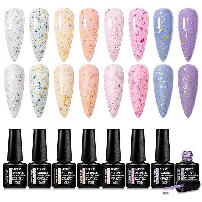 MEET ACROSS Rubber Base Gel Polish, 12pcs*7ml Builder Gel Gold Foil Pink Red Purple Blue Silver Foil White in a Bottle UV Gel Polish Kit, Structure Quick Extension Gel