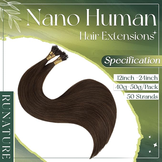 RUNATURE Nano Bead Human Hair Extensions Real Human Hair Chocolate Brown 20 Inch Long Nano Hair Extensions Cold Fushion Hair Extension No Glue Nano Ring Hair Extension Remy Natural 50g 50s