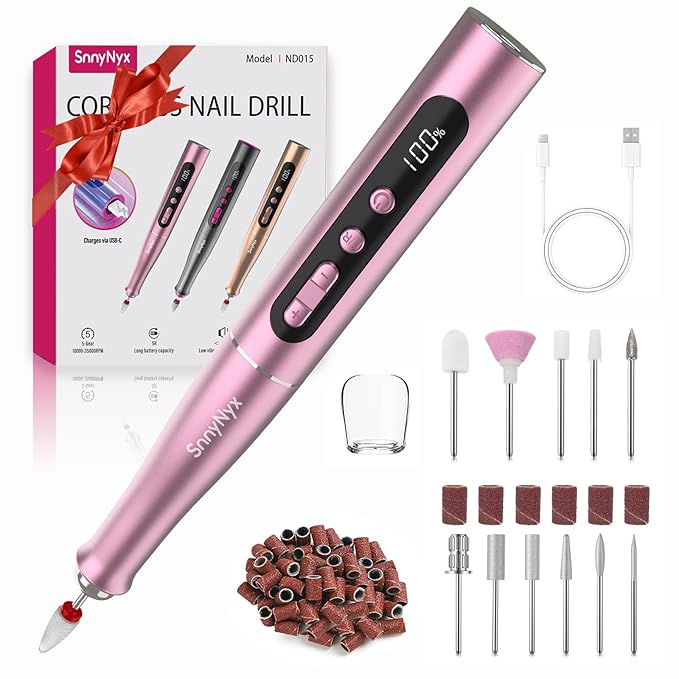 Electric Nail Drill Professional, 35000RPM Cordless Acrylic Nail Kit for Nail Polish Remover, Nail Filer Electric Manicure and Pedicure kit (Rose Pink)