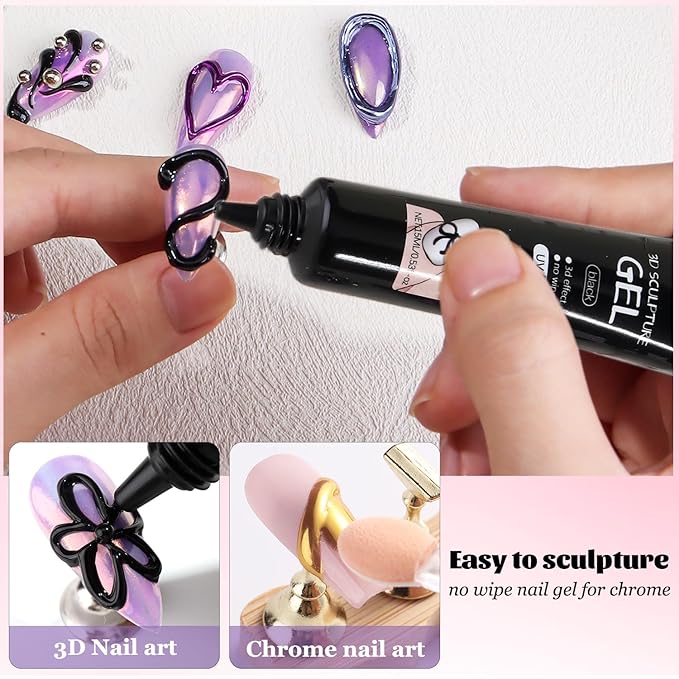 Black 3D Gel for Nails, 2PCS 15ML Black Nail Polish No Wipe 3D Chrome Effect Gel Sculpting Gels with Gold Silver Chrome Powder Carving Modeling Painting Embossed Design Manicure Salon Supplies