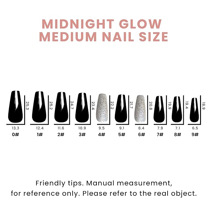 Allkem Press On Nails |Midnight Black Medium Long Tapered Ballerina 10 sizes - 20 pcs Coffin Nail Kit with Glue