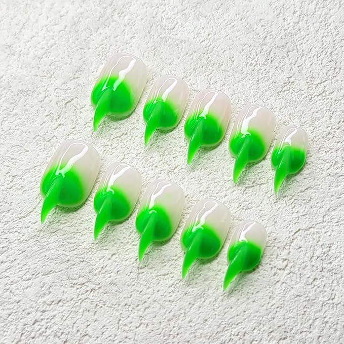 10 Pcs Cat Claw Press on Nails Medium Curved Stiletto False Nails Luxury 3D Green French Tip Cat Claw Handmade Fake Nails Unique Thick Gradient Designs Glossy Acrylic Glue on Nail (S)