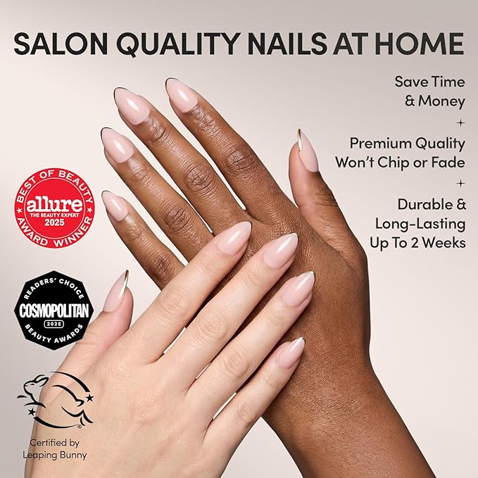 Glamnetic Press On Nails - Gold Standard | Semi-transparent, Glossy Gold French Tip Nails, Salon Quality | 15 Sizes - 30 Nail Kit with Glue