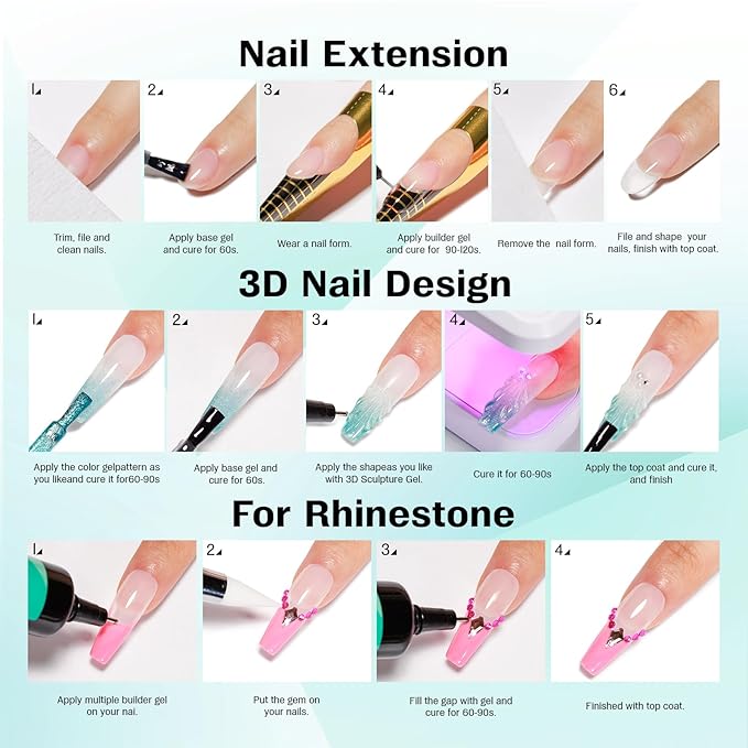 3D Sculpting Builder Gel Nail Art Kit - All In One Formula for Extensions, Sculpture, Designs, Chrome Powder, Rhinestones - Soak Off with UV/LED Lamp for Salon Home DIY