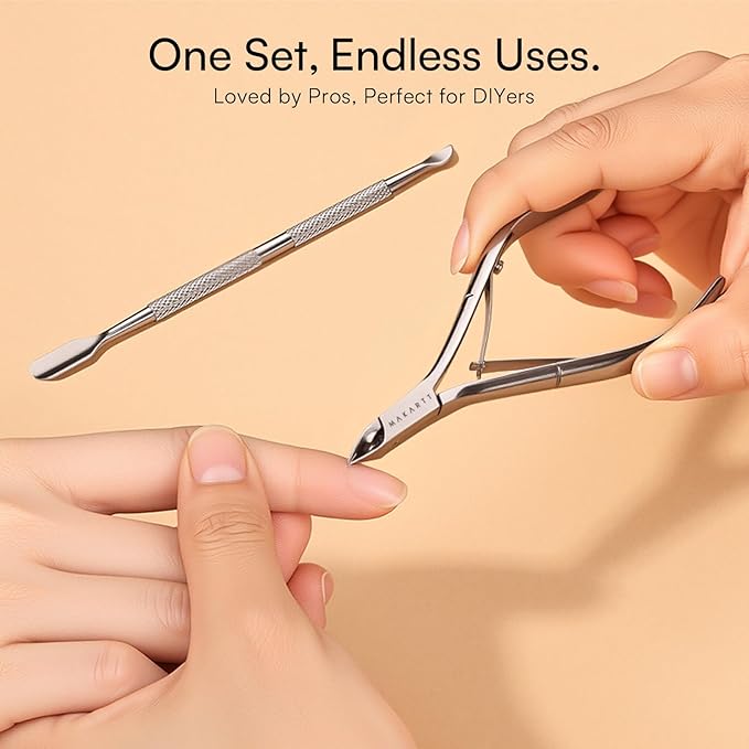 Makartt Cuticle Trimmer with Cuticle Pusher - Stainless Steel Cuticle Nipper with Dual Spring, Ergonomic Handle, 7mm Blade & Dual-Ended Pusher for Nail Care & Gel Removal, Silver