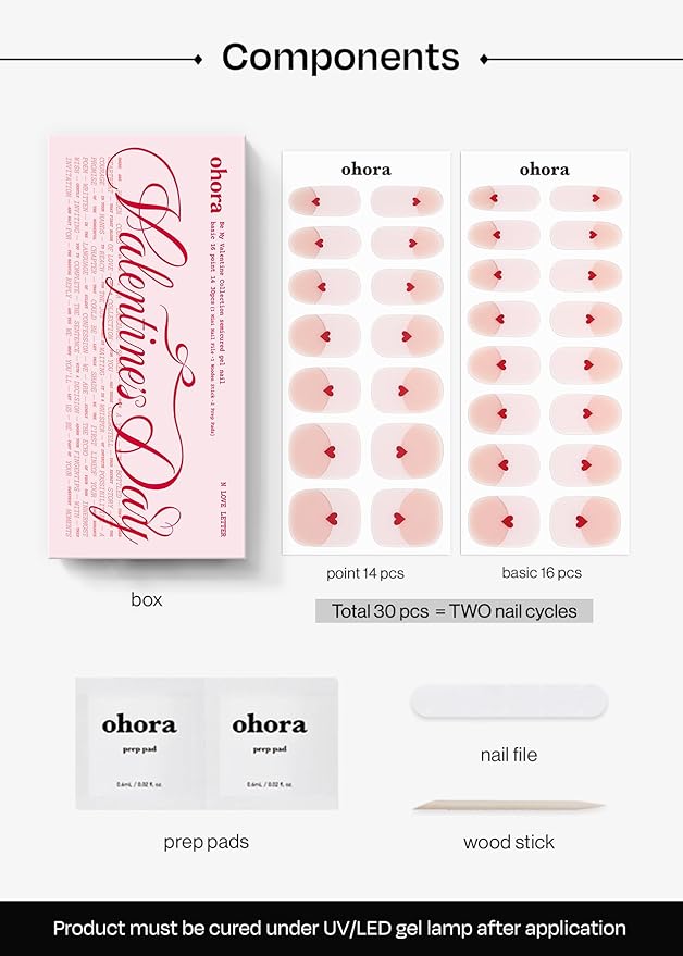 ohora Semi Cured Gel Nail Strips (N Love Letter) - Salon-Quality Valentines Nails, Works with Any Lamps, Long Lasting, Easy to Apply & Remove, Chip Resistant