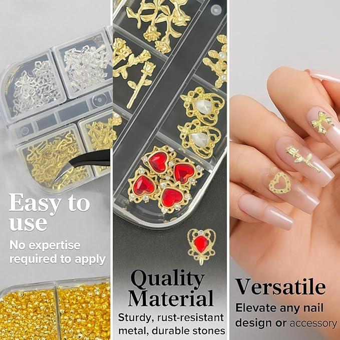 KINGNAME Gold Nail Charms and Gems Set, 4 Boxes Nail Gems Nail Pearls Nail Art Tools, 3D Cross Nail Charms Heart Nail Rhinestones for Nails Supplies, Charms for Nails Design Nail Art Kit