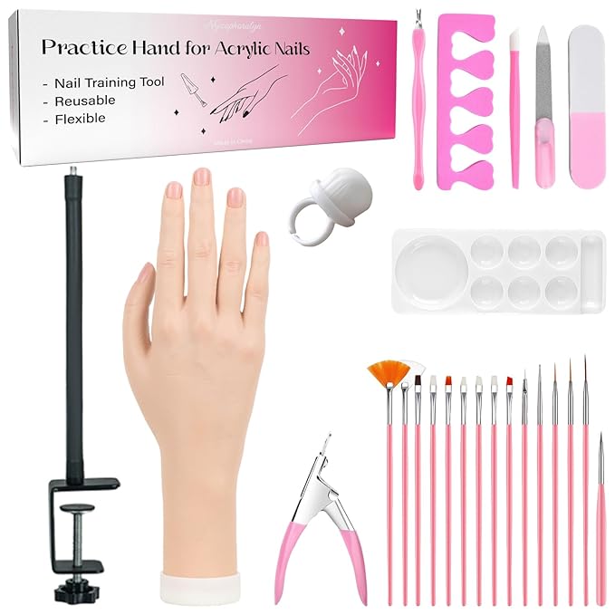 Practice Hand for Acrylic Nails, Flexible Bendable Fake Hand with Adjustable Stand, Nail Training Kit Mannequin Hand for Beginners & Nail Artists (Clamp Stand)