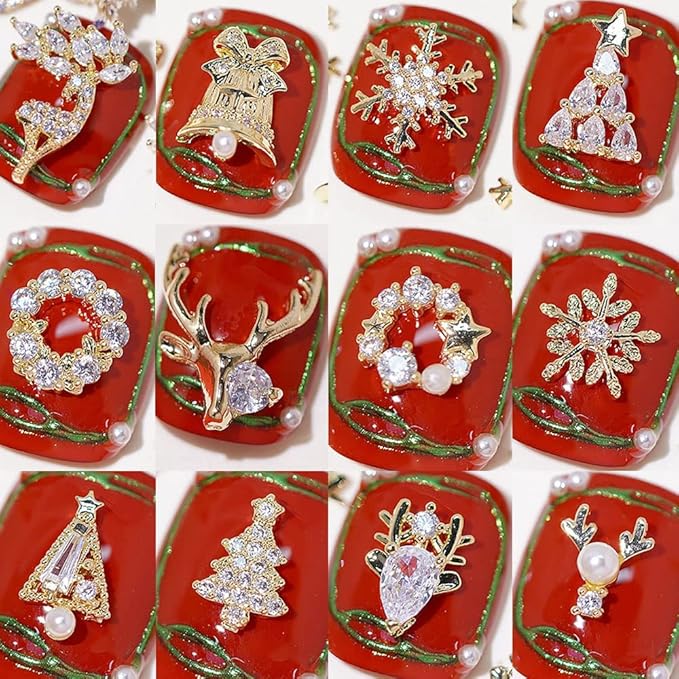 12pcs Christmas Nail Charms,Alloy Chrismas Nail Art Charms Nail Gems Nail Rhinestones Shiny Zircon Snowflake Elk Xmas Tree Chrismas Garland Nail Decor Rhinestones for Nails Jewelry Women Nail Supplies