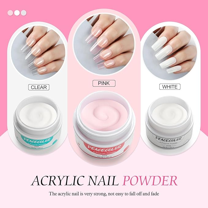 Acrylic Nail Kit for Beginners with Drill U V light, 3pc Acrylic Powder Clear/ Pink /White Set 12Pcs Glitter Powder 200Pcs Fake Tips Nail Starter Kit for Extensions DIY