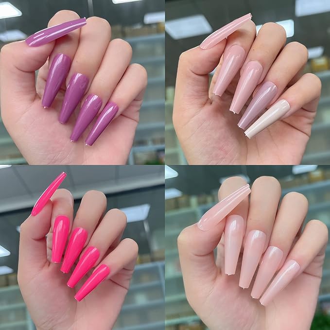AddFavor Long Coffin Press on Nails Full Cover Ballerina Fake Nails Glossy Acrylic Artificial False Nail Tips for Women and Girls, 576pcs, 24 Pure Colors