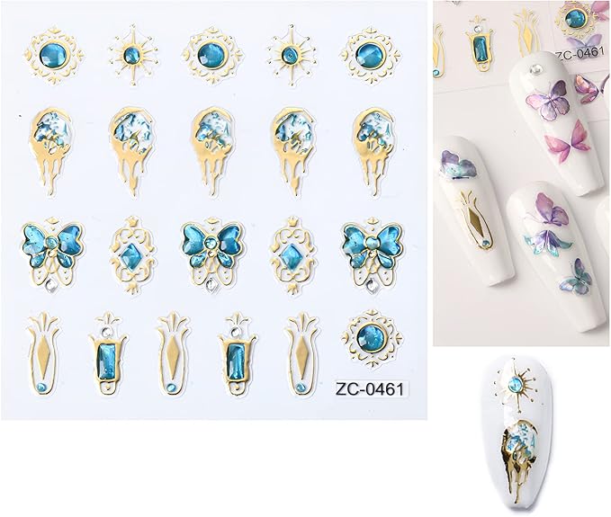 NOODCO 5 Sheets 5D Bronzing Nail Art Stickers Decals, Fishtail Shell Embossed Self-Adhesive Sticker Gemstone Flower Heart Sun Butterfly Gold Metal Line Design Supplies for DIY Decoration Women