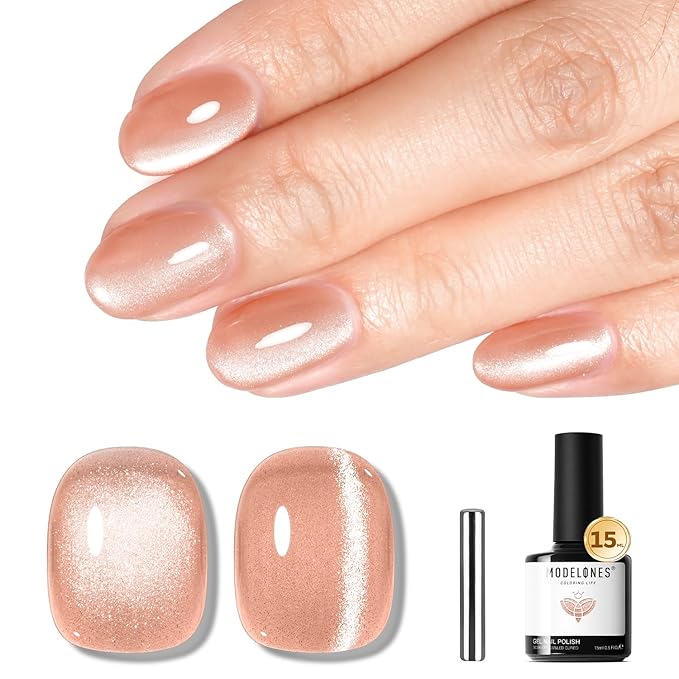 modelones Nude Cat Eye Gel Nail Polish Nude Gel Polish Jelly Glass with Magnet Holographic Glitter Shimmer Translucent Sheer Color Magnetic Nail Polish 15 ML