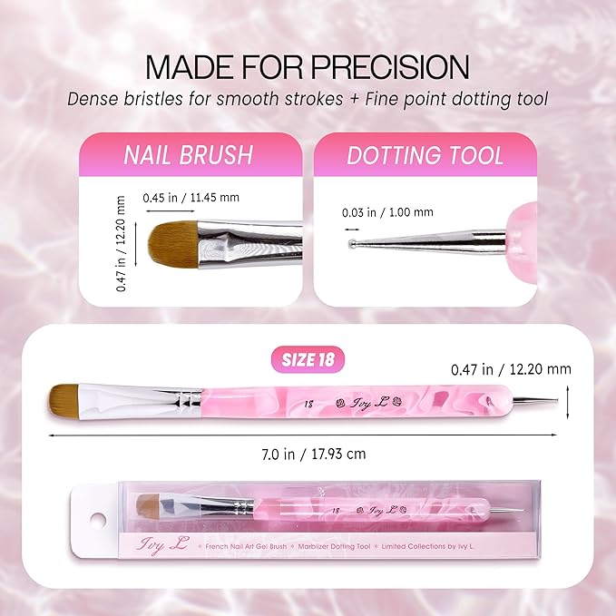 Ivy L Premium 2 Way French Gel Acrylic Nail Art Kolinsky Brush with Dotting Tool for Professional Manicure Cuticle Clean up Nail Art Design (Size # 18, Pink Marble)