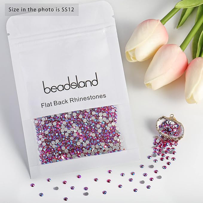 Beadsland Flat Back Crystal Rhinestones Round Gems for Nail Art and Craft Glue Fix, Light Siam AB, 3.0-3.2mm, SS12/1440pcs