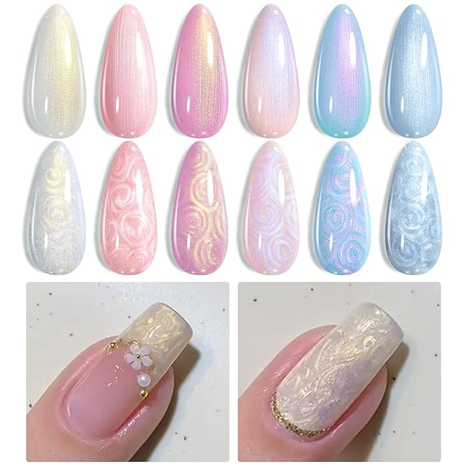 Born Pretty Pearl Gel Nail Polish Aurora Iridescent Glitter Shimmer Pearl Effect White Pink Purple Blue Mermaid Drawing Gel Nail Polish Shell Swirl Thread Effect Nail Gel Soak Off Led DIY Gift 6PCS