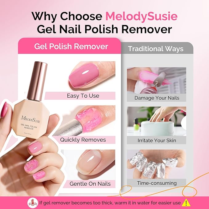 MelodySusie 2Pcs Gel Nail Polish Remover with Cuticle Oil, No Need to Wrap and Soak, Remove Gel Polish in 2-5 Minutes at Home No Damage to Nails with Cuticle Pusher Tool Nail File Wipes