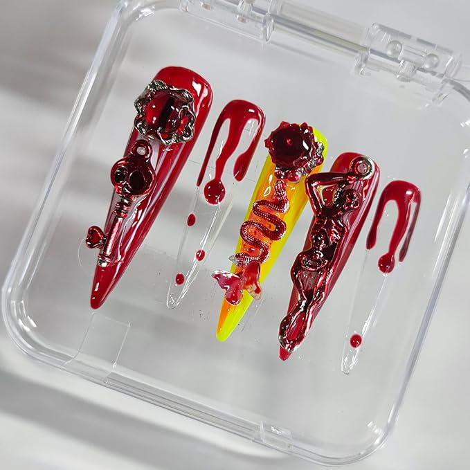 Halloween Handmade Press on Nails Extra Long Stiletto 3D Nails Horror Thick Acrylic Fake Nails Red Gothic False Nails with Blood Drop Skull Designs Sturdy Nail Art Press on Nails 10Pcs(S)