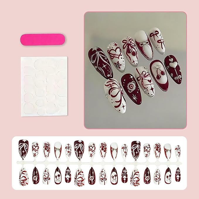 30pcs Valentines Press on Nails Medium Almond Fake Nails Heart Bow Star False Nails with 3d Pearl Rhinestones Designs Glue on Nails Red Cherry Full Cover Artificial Stick on Nail Decoration for Women