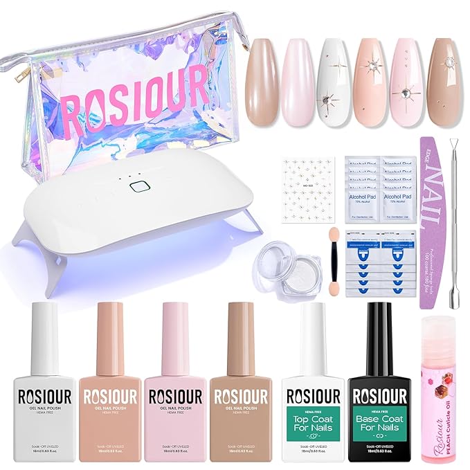 TPO and HEMA Free Gel Nail Polish Kit with U V Light - White Nude Light Pink at Home Gel Manicure Kit with Base & Top Coat Chrome Nail Powder - 4 Colors Nail Art Starter Gift for Women Girl