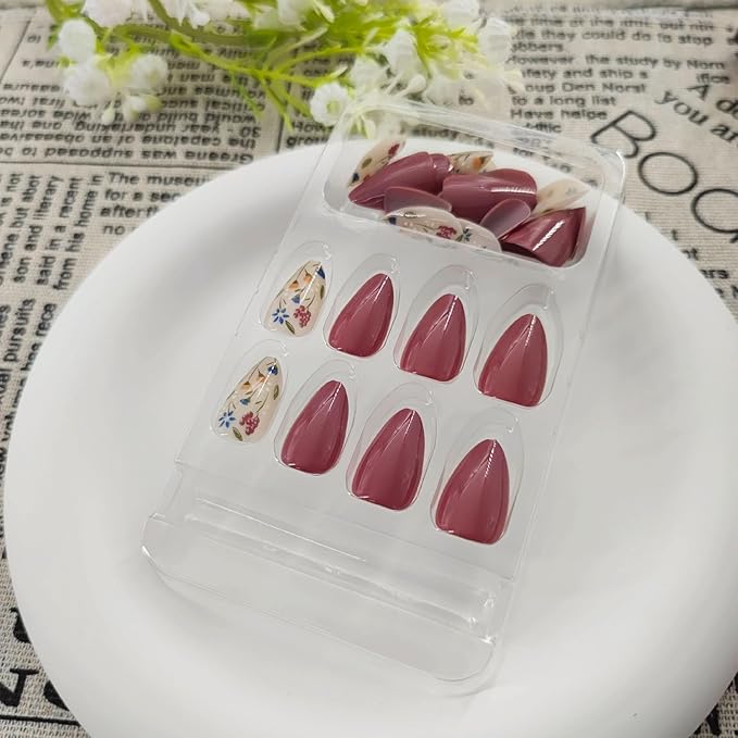 Flower Press on Nails Short Almond Fall Nails Press ons Short Fake Nails with Floral Design Glue on Nails Glossy Floral False Nails Reusable Full Cover Acrylic Stick on Nails for Women Girls 30 Pcs