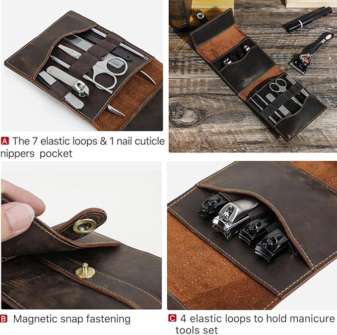 CONTACTS Full Grain Leather Empty Manicure Kit Case for Men Travel Nail Clipper Pouch Small Personal Care Tools Pouch By Handmade (Case Only)