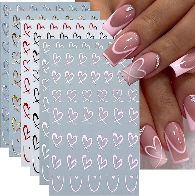 6Pcs Heart Nail Stickers for Nail Art Love Hearts Nail Decals Hollow Love 3D Nail Art French Sticker Self-Adhesive Slider Kawaii Heart-Shaped Manicure Decals Nail Tip for Women Valentine Gift