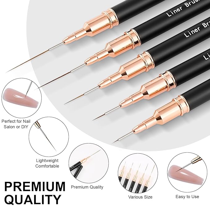 Metallic Nail Art Brushes，Nail Liner Brush Set，5PCS Nail Art Tools for Long Lines,Fine Drawing,Thin Details,Liner Brush Painting Art Design Nail Art Tool Sizes5/8/12/20/25mm，Black