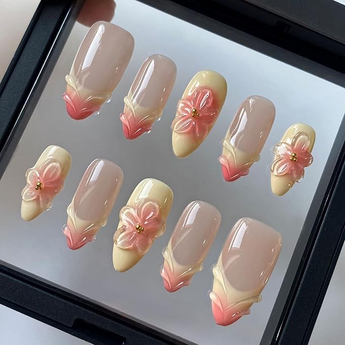 Almond Press on Nails Gradient French Tip Luxury False Nails Full Cover Handmade Press on Nails 3D Flower Water Ripple Designs Medium Thick Acrylic and Muti-Layer Gel Fake Nails for Women (Size S)