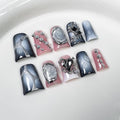 French Tip Press on Nails Handmade Short Duck 3D Flower Thick Acrylic Nails Gothic False Nails with Stars Rhinestones Water Drop Designs Black&White Glossy Fake Nail Sturdy Art Press on Nail 10Pcs(S)