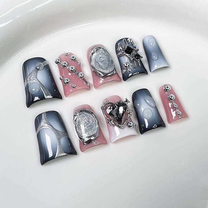 French Tip Press on Nails Handmade Short Duck 3D Flower Thick Acrylic Nails Gothic False Nails with Stars Rhinestones Water Drop Designs Black&White Glossy Fake Nail Sturdy Art Press on Nail 10Pcs(S)