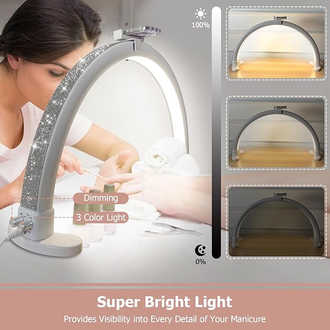 Half Moon Light for Nail Desk with Phone Holder, Adjustable Brightness 2700K-6000K, 45W Rhinestones Arch Light for Nail Techs