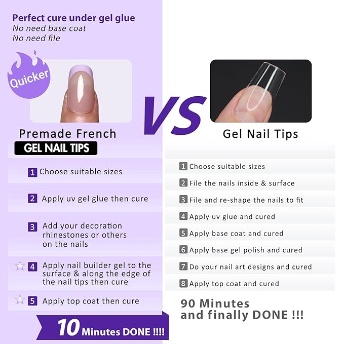 Gel French Tip Nails Medium Square French Tip Press on Nails SXVME White French Nail Tips 150Pcs Pre-applied Tip Primer Natural Skin Tones Fake Nails Extensions Gel Nail Kit for Women Girls DIY
